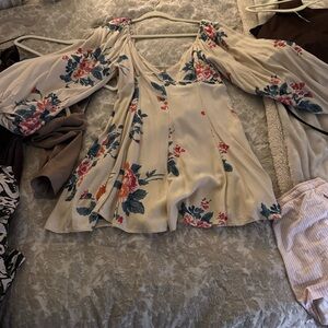 Floral Cream Blouse with Blue and Pink Accents